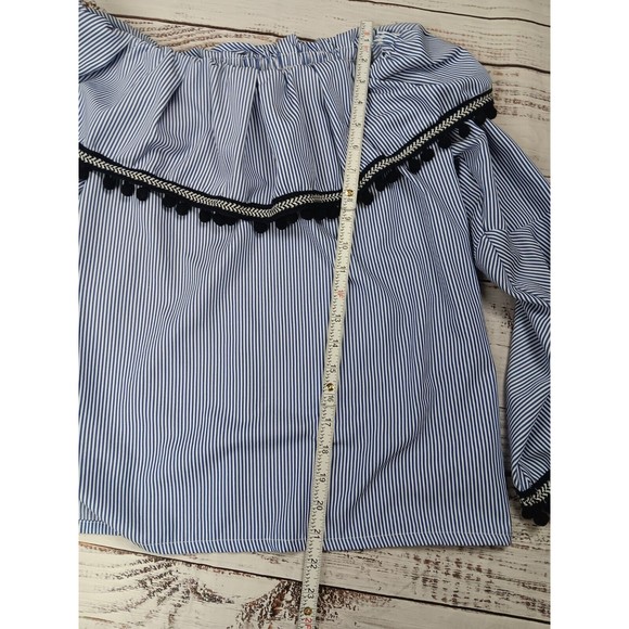 Camille & Company Off The Shoulder Blouse Women's Large Blue White Stripe Ruffle - Picture 7 of 10